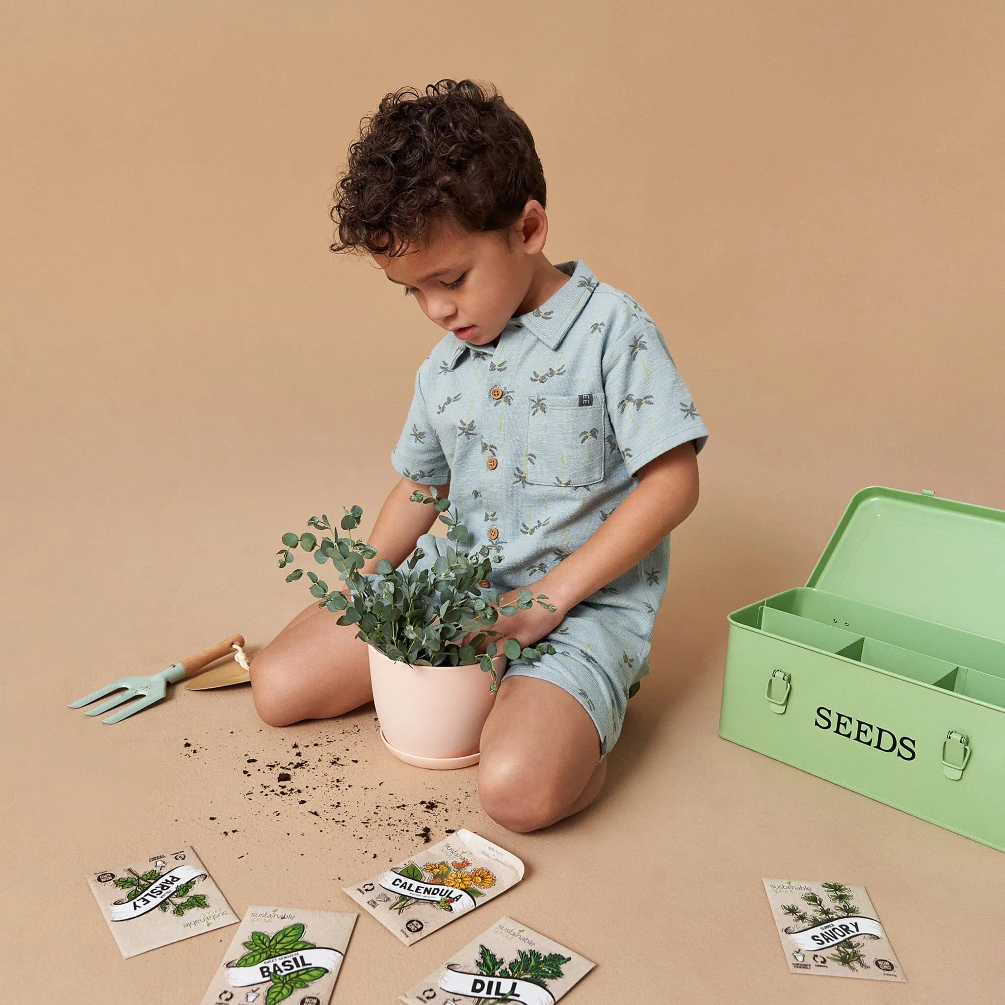 2-Piece Infant & Toddler Boys Blue Palms Button Front Shirt and Shorts Set