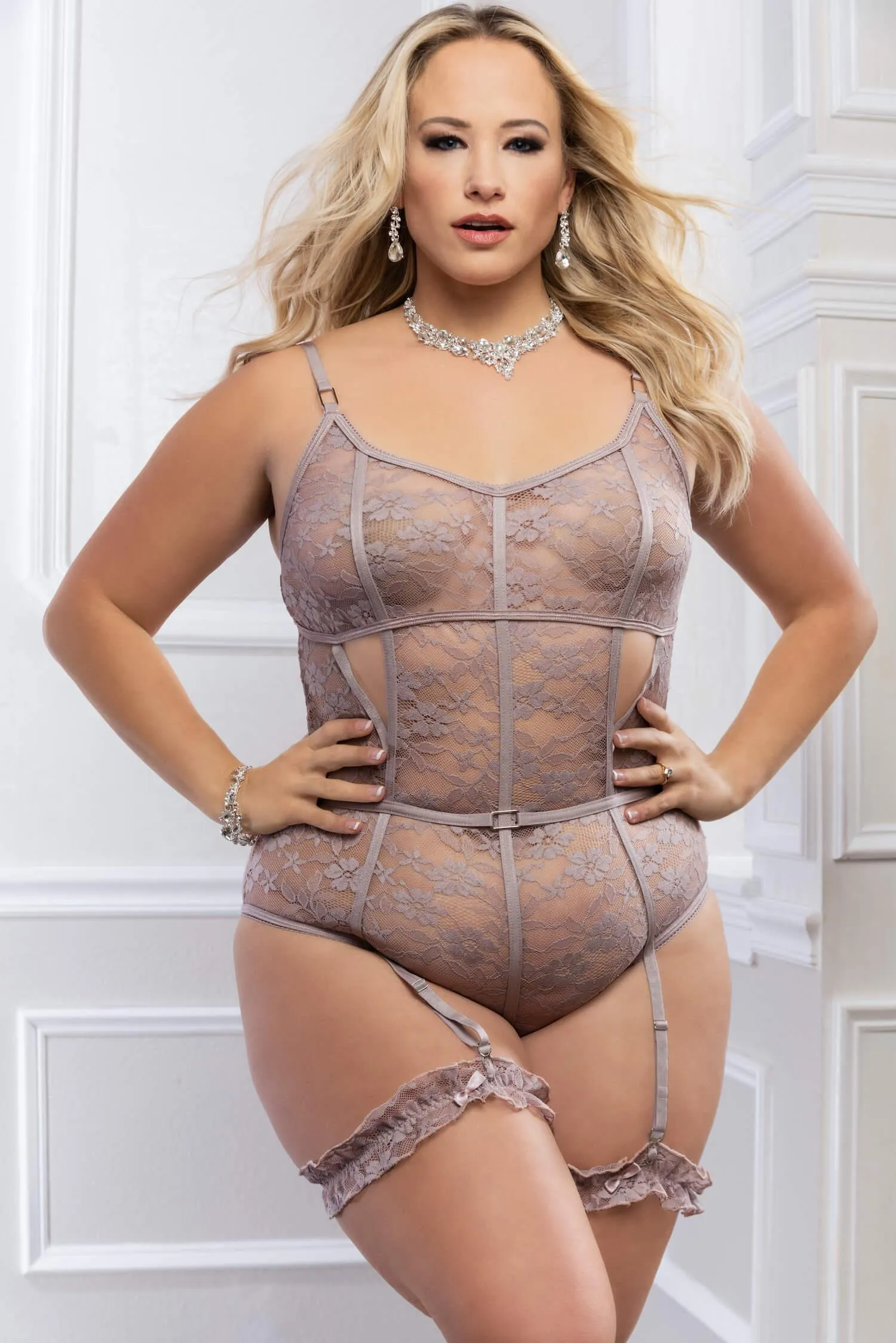2pc Slip-In Sheer Teddy with Snap Crotch & Garters
