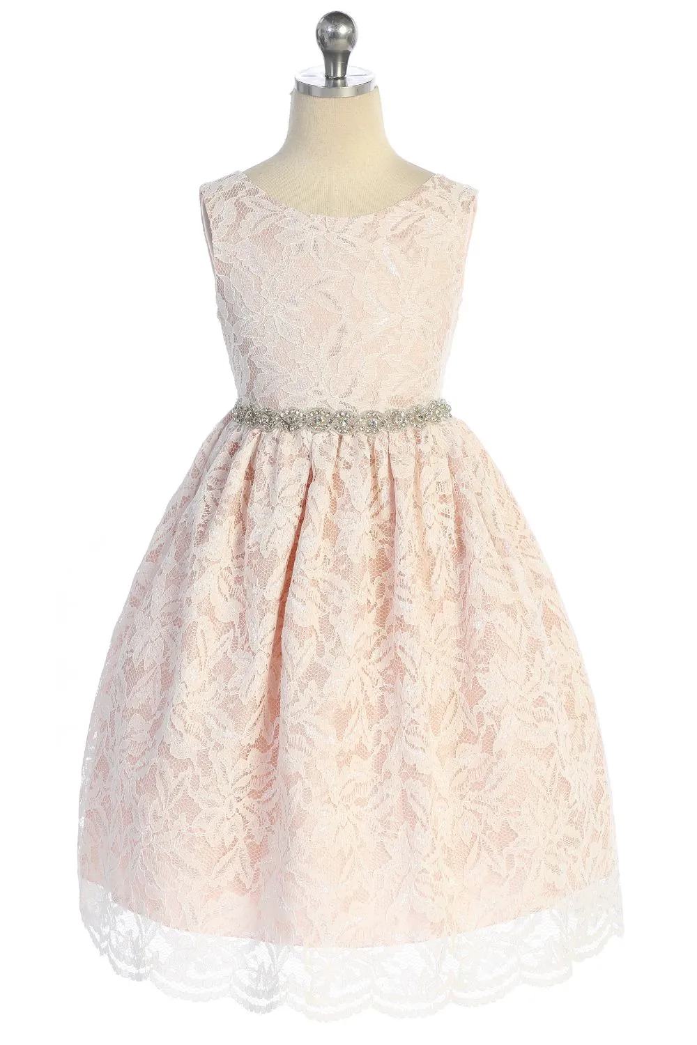 526-A Lace V Back Bow Dress w/ Rhinestone Trim