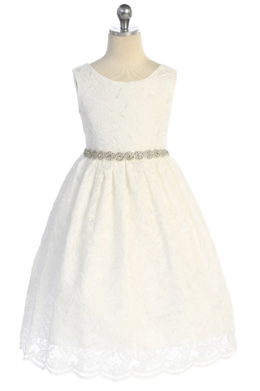 526-A Lace V Back Bow Dress w/ Rhinestone Trim