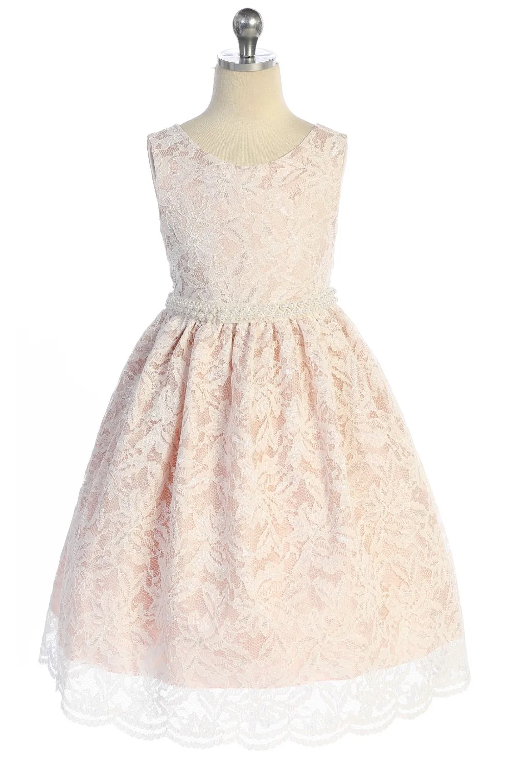526-C- Lace V Back Bow Dress w/ Thick Pearl Trim