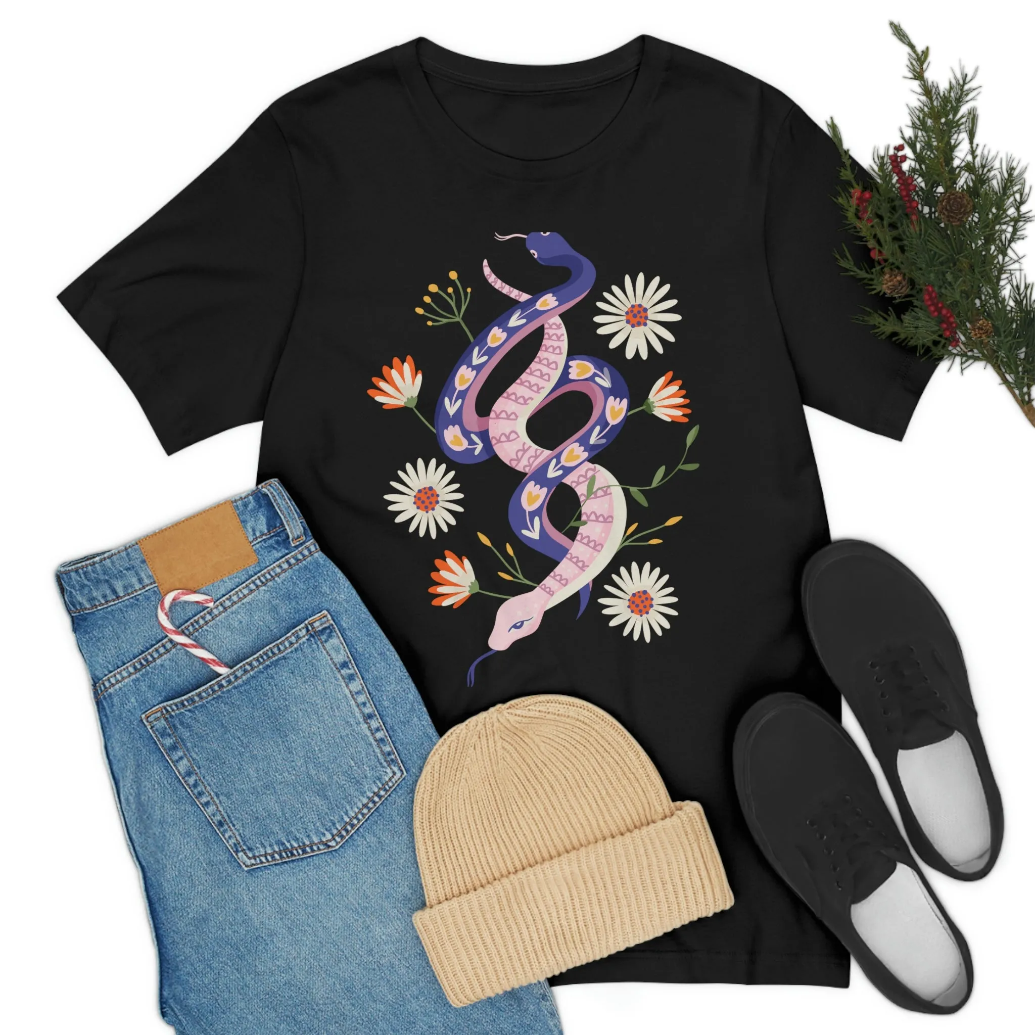 69 Snakes with Flowers Black T-Shirt, Unisex Jersey Short Sleeve Tee