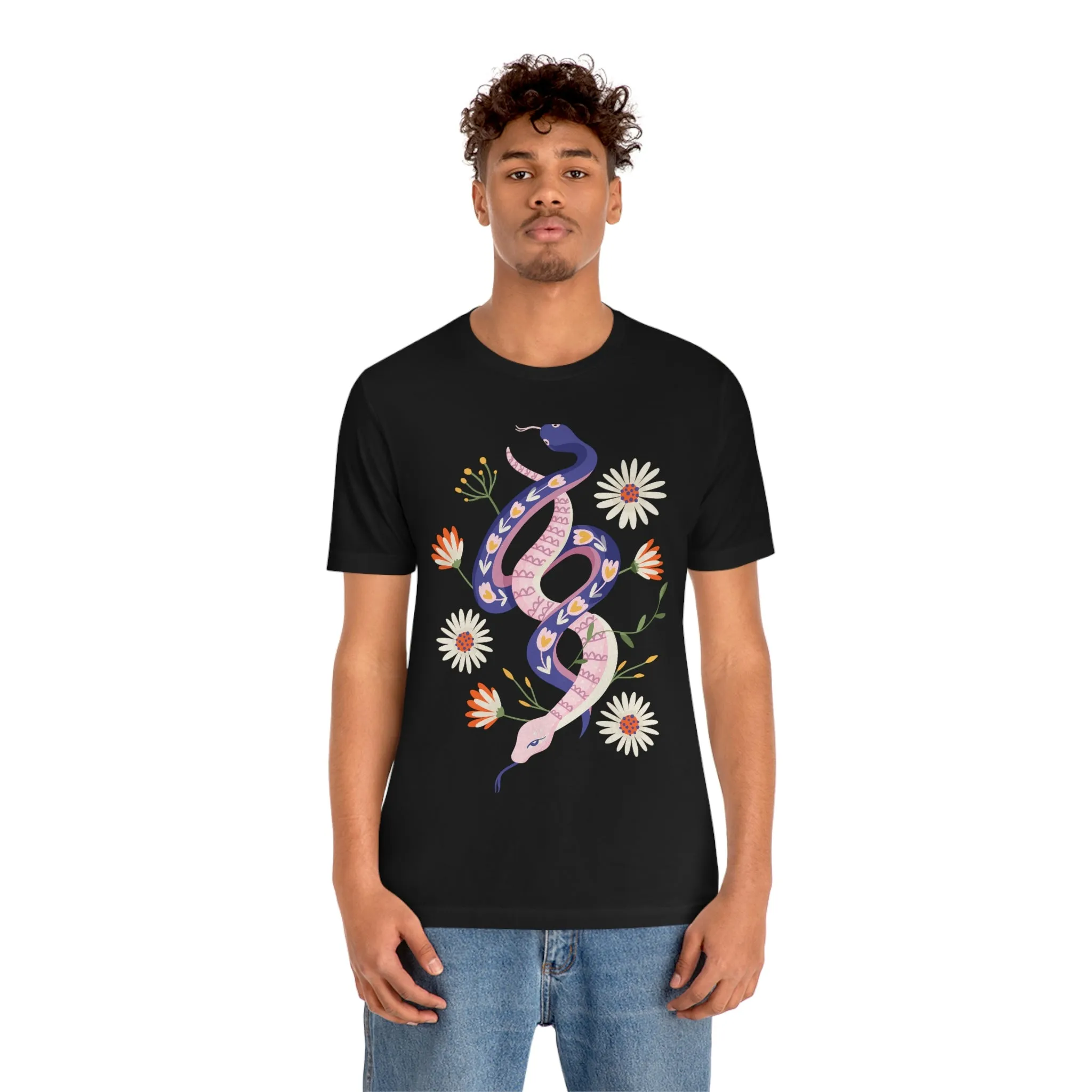 69 Snakes with Flowers Black T-Shirt, Unisex Jersey Short Sleeve Tee