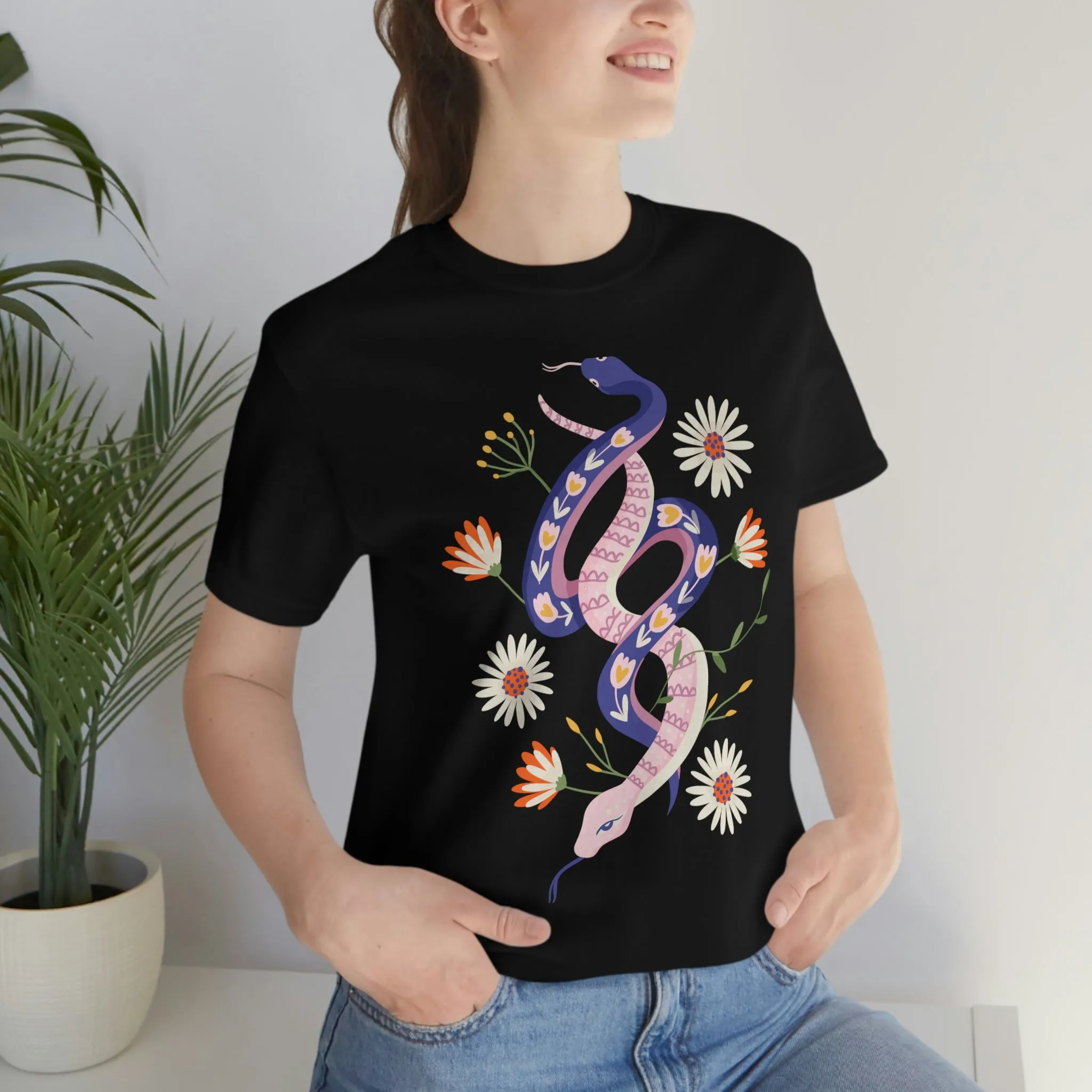69 Snakes with Flowers Black T-Shirt, Unisex Jersey Short Sleeve Tee