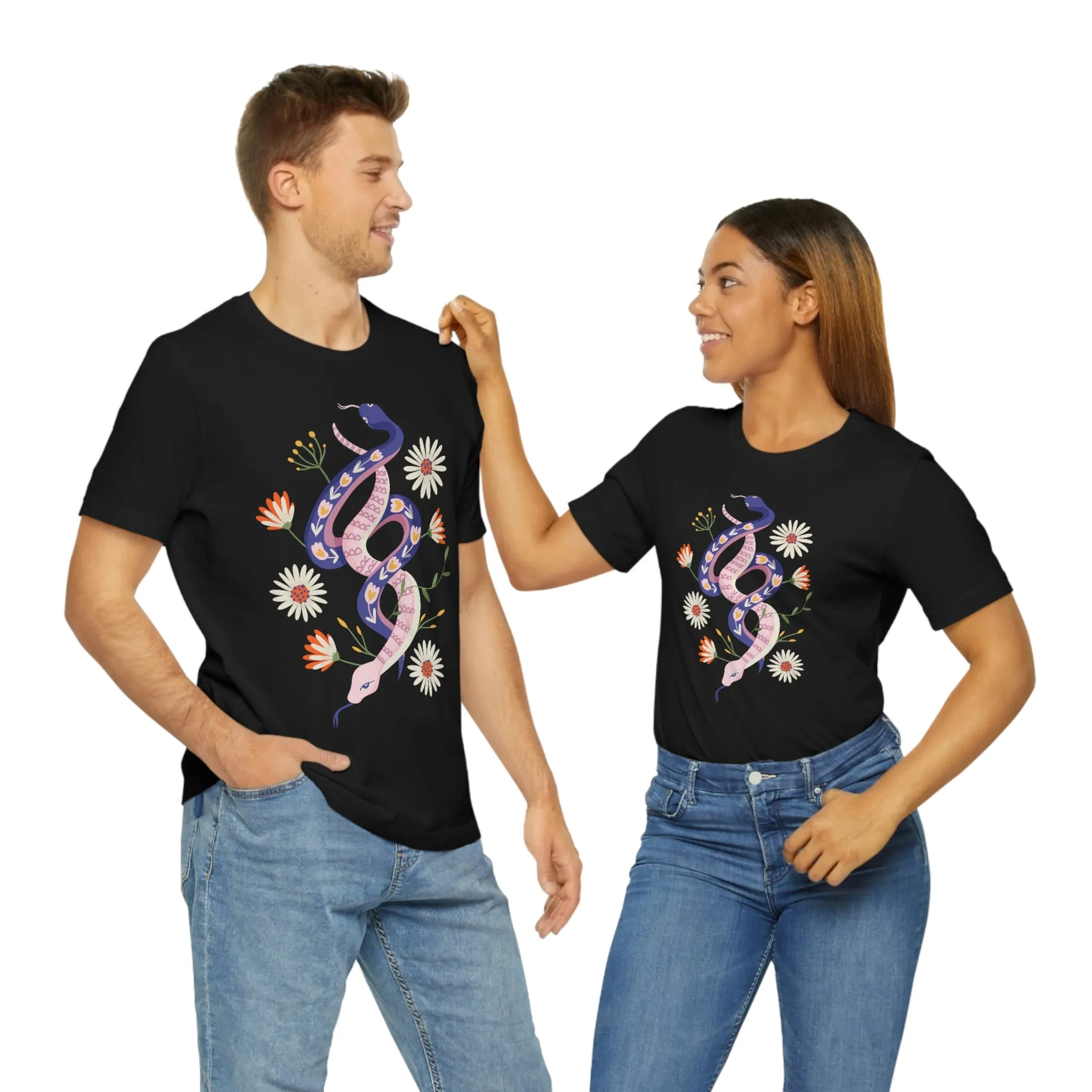 69 Snakes with Flowers Black T-Shirt, Unisex Jersey Short Sleeve Tee