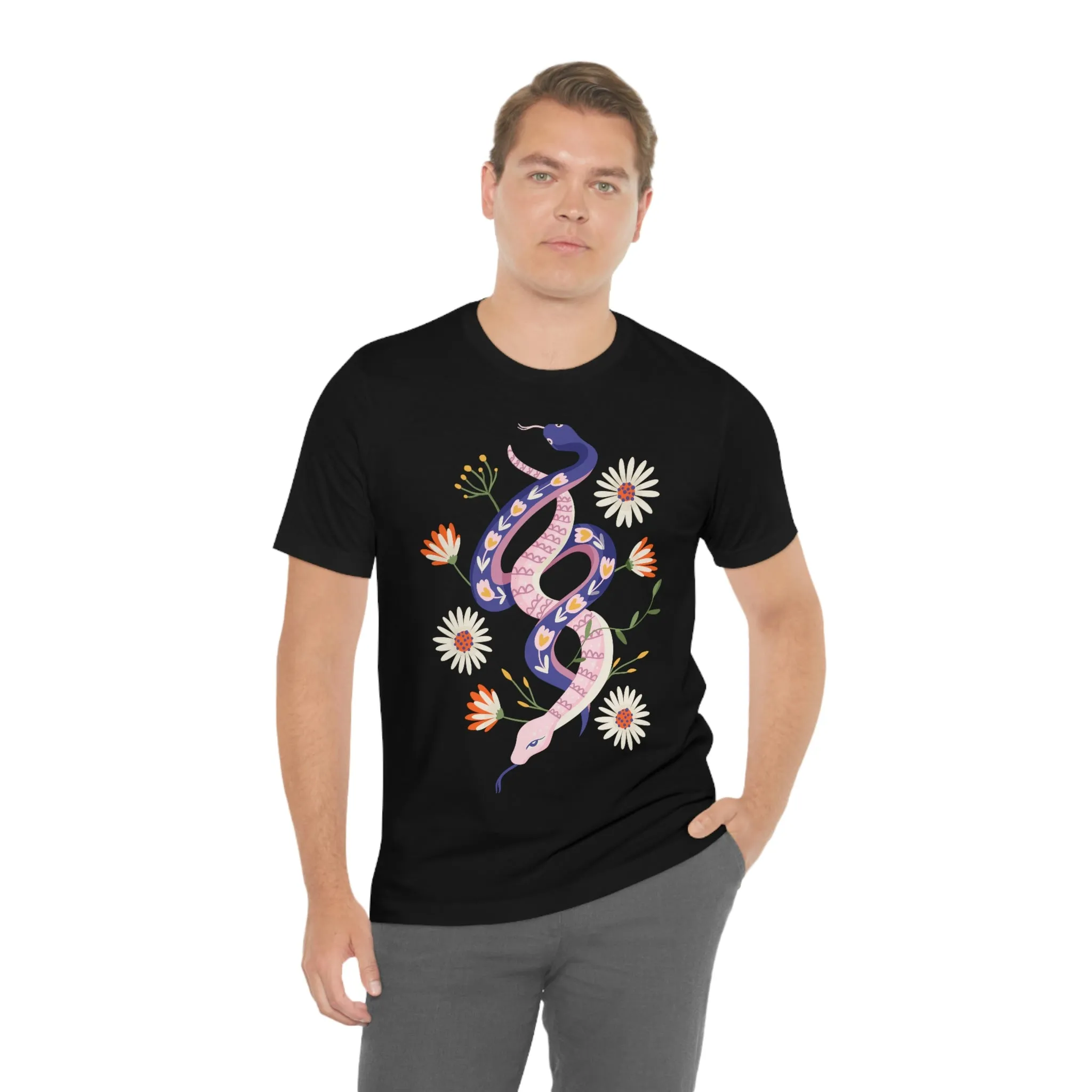 69 Snakes with Flowers Black T-Shirt, Unisex Jersey Short Sleeve Tee