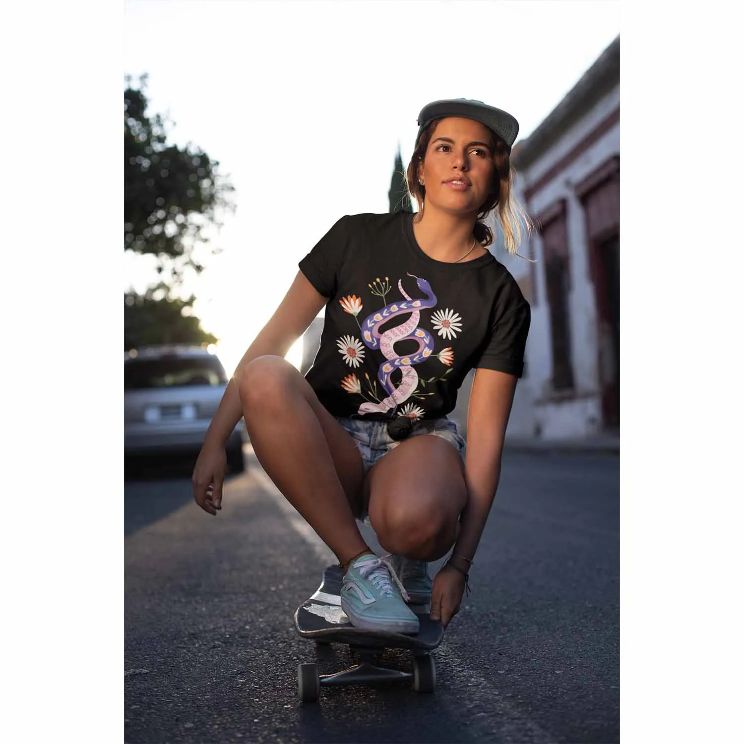 69 Snakes with Flowers Black T-Shirt, Unisex Jersey Short Sleeve Tee