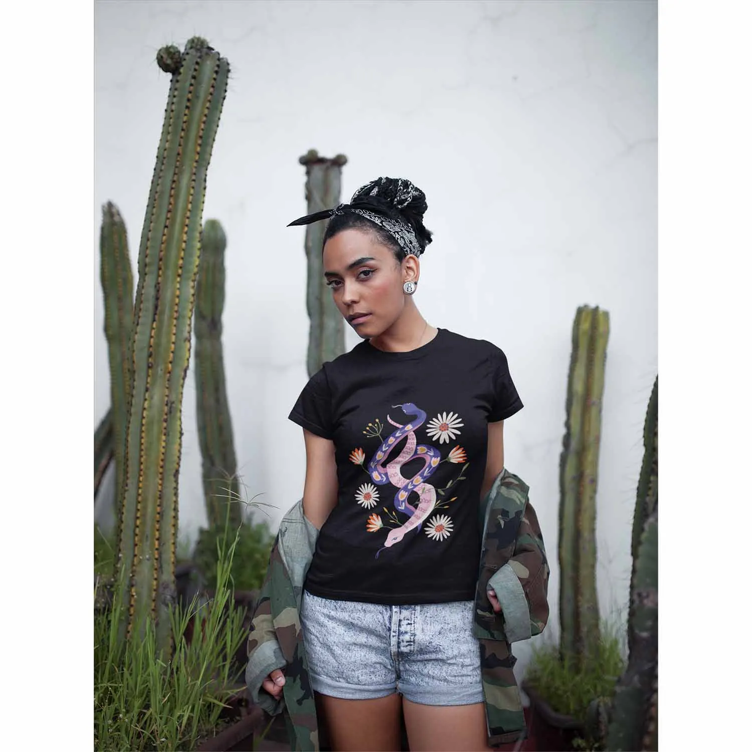 69 Snakes with Flowers Black T-Shirt, Unisex Jersey Short Sleeve Tee