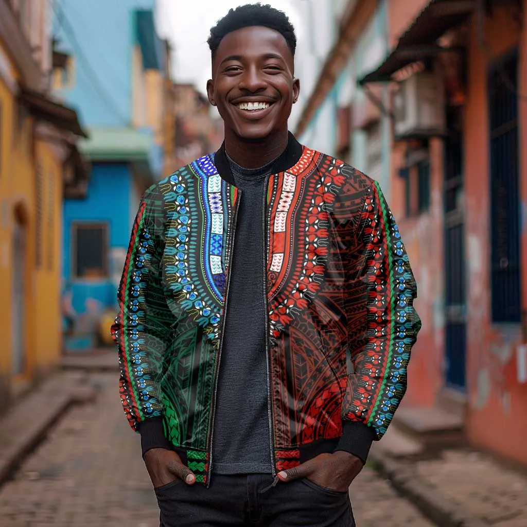 African Dashiki and Polynesian Pattern Bomber Jacket Half Green-Red LT9
