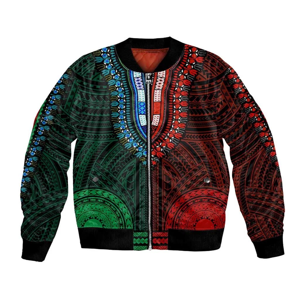 African Dashiki and Polynesian Pattern Bomber Jacket Half Green-Red LT9