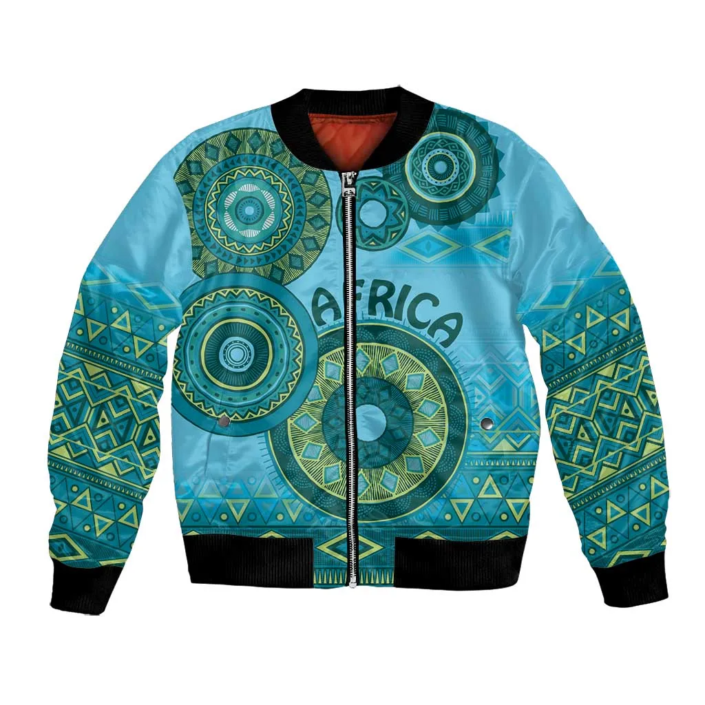 Afro Tribal Traditional Pattern Bomber Jacket Blue Motif LT9