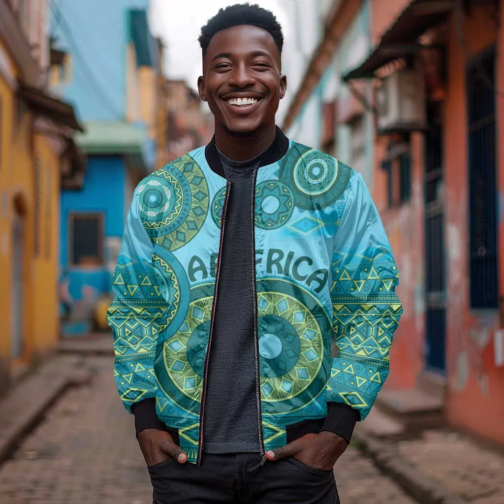 Afro Tribal Traditional Pattern Bomber Jacket Blue Motif LT9