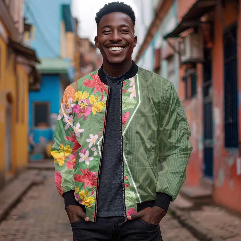 Afro Tropical Flowers Bomber Jacket Green Version LT18
