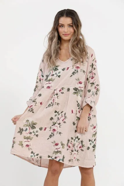 Amelia floral linen dress. Antique Pink
