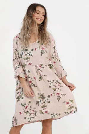 Amelia floral linen dress. Antique Pink