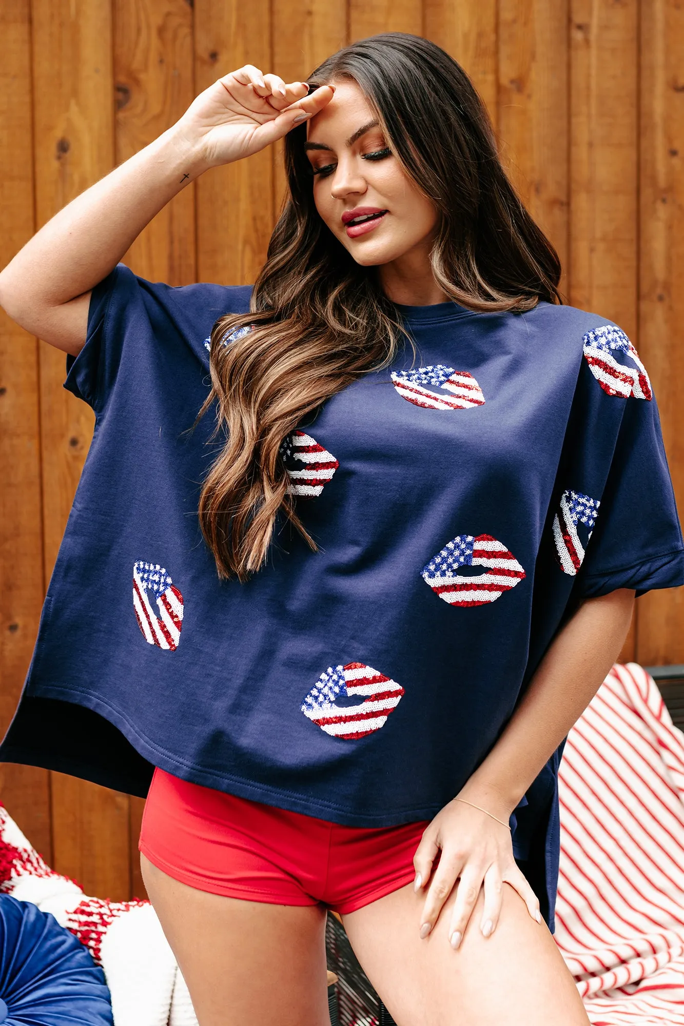 American Kisses Oversized Sequin Graphic Top (Navy)