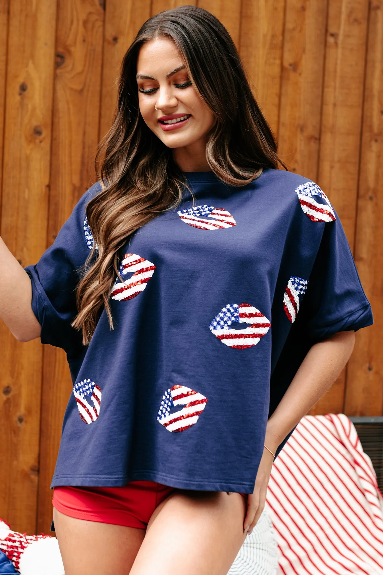 American Kisses Oversized Sequin Graphic Top (Navy)