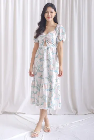 Annalie Knot Cut Out Puffy Sleeve Midi Dress In Floral
