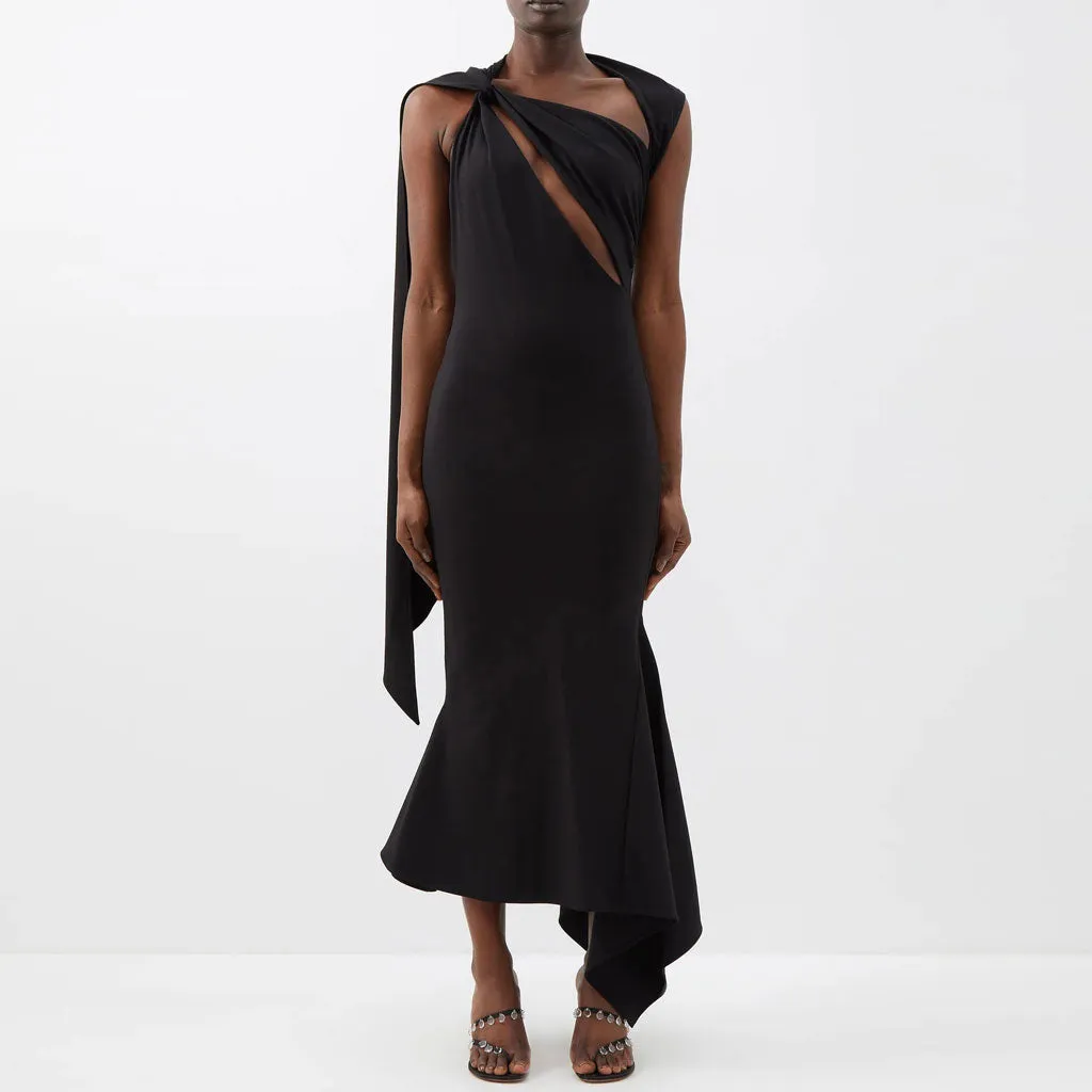 Asymmetric Neck Split CutOut Draped Mermaid Hem Sleeveless Midi Dress