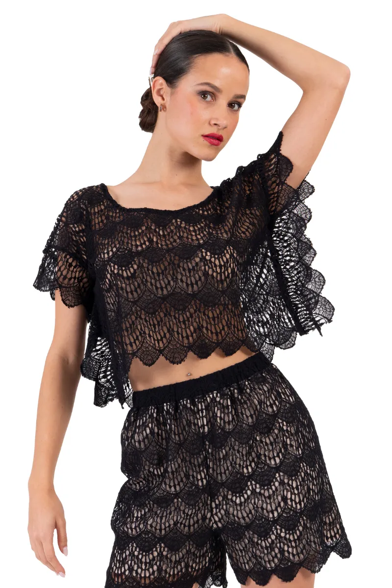 Black Boxy Lace Crop Top
