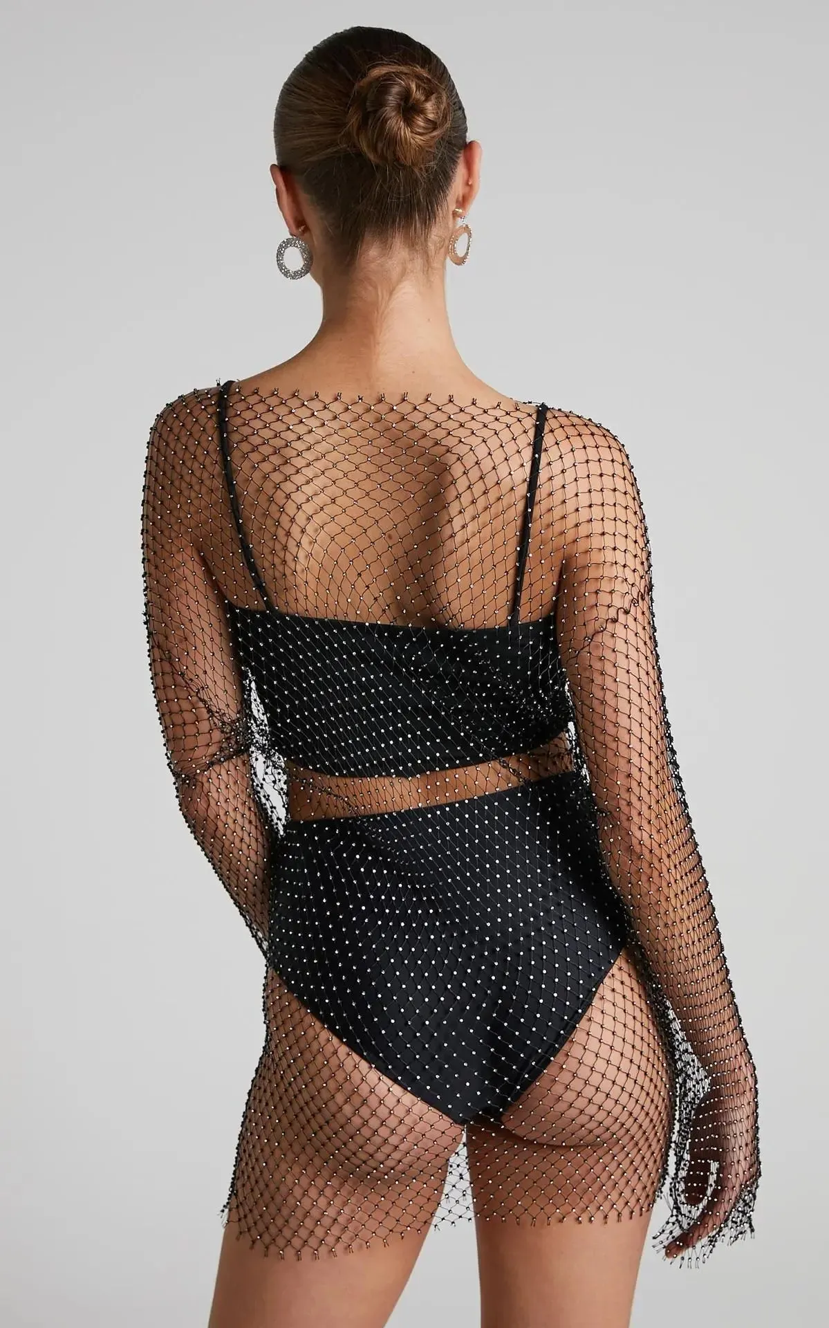 Black Fishnet Dress with Rhinestone Diamonds