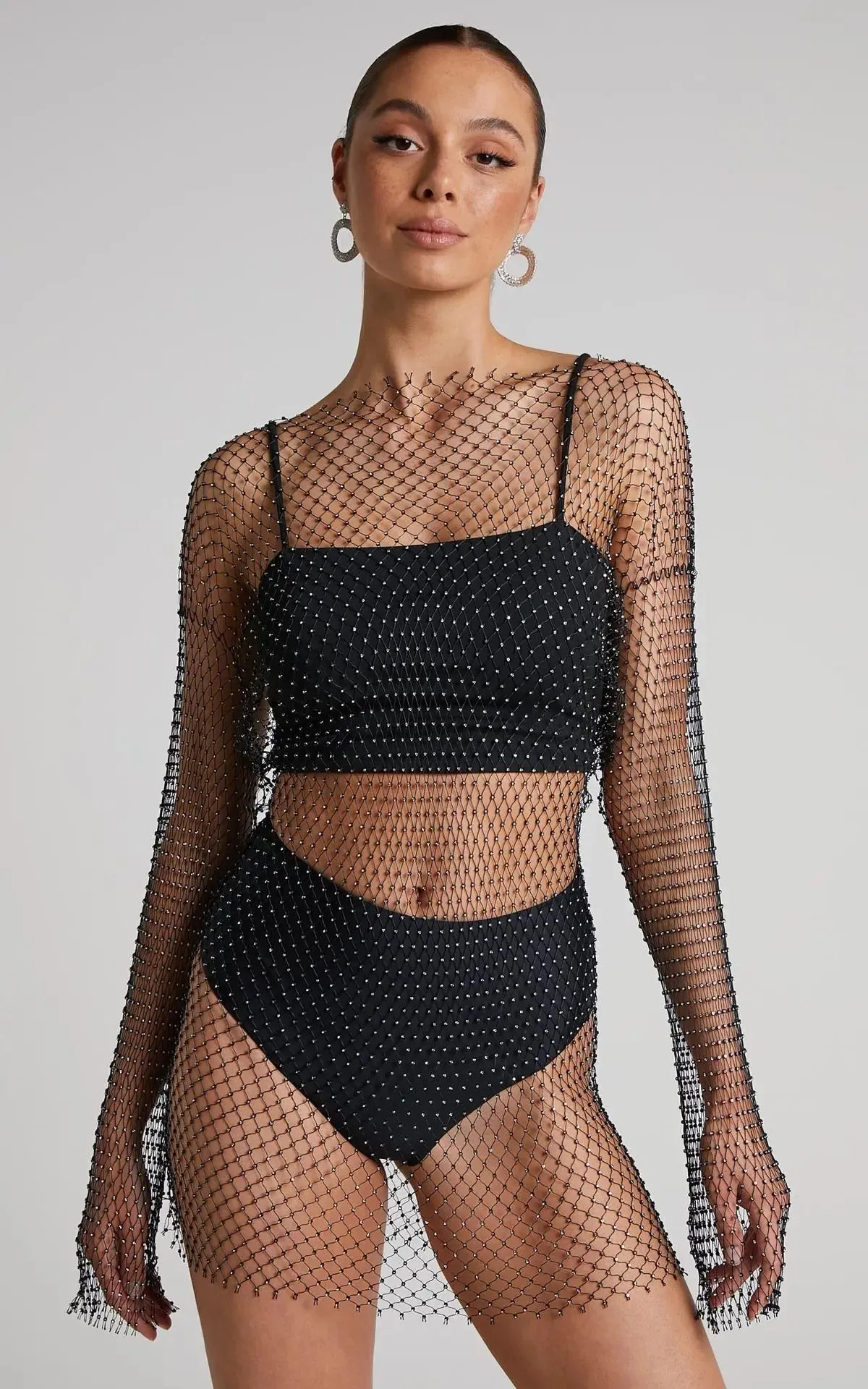 Black Fishnet Dress with Rhinestone Diamonds