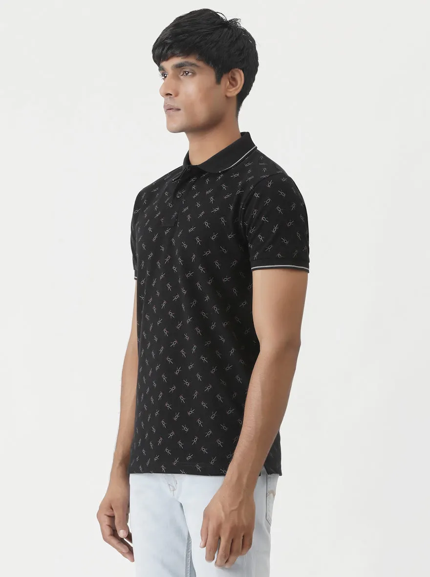 Black Printed Slim Fit Polo T-Shirt | Greenfibre