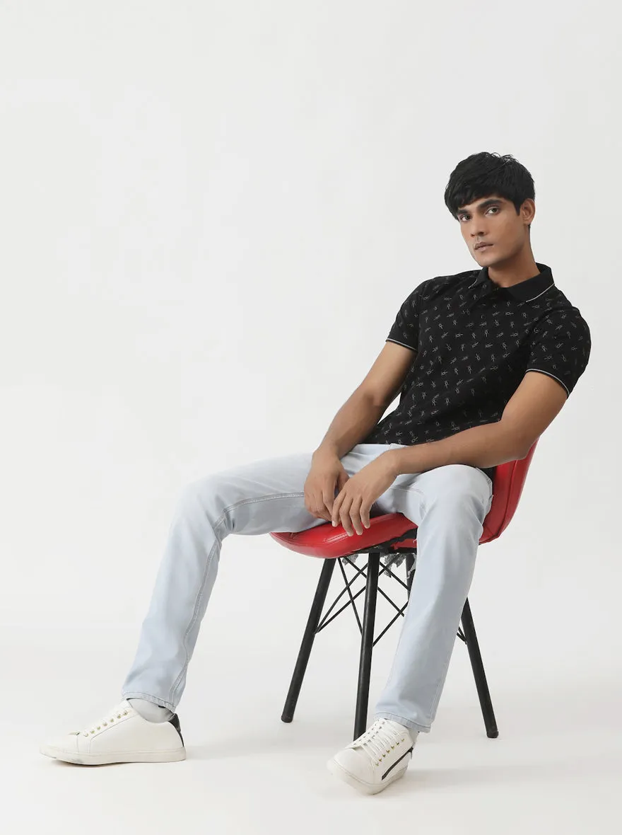 Black Printed Slim Fit Polo T-Shirt | Greenfibre