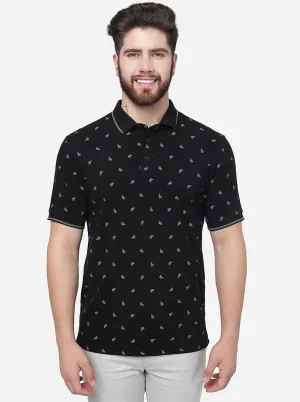 Black Printed Slim Fit Polo T-Shirt | JadeBlue