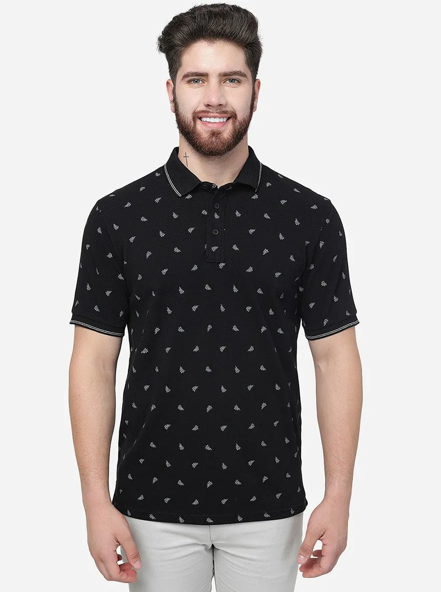 Black Printed Slim Fit Polo T-Shirt | JadeBlue