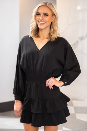 Black Smocked Waist Long Sleeve Dress