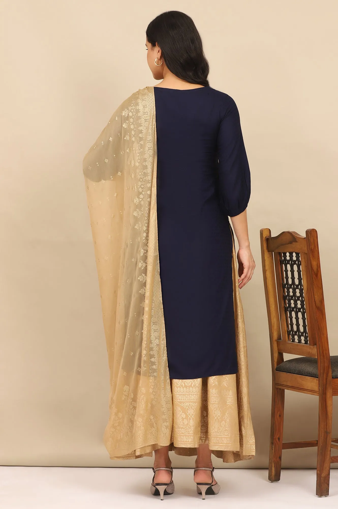 Blue Embroidered Textured Rayon Straight Kurta, Golden Printed Skirt and Dupatta Set