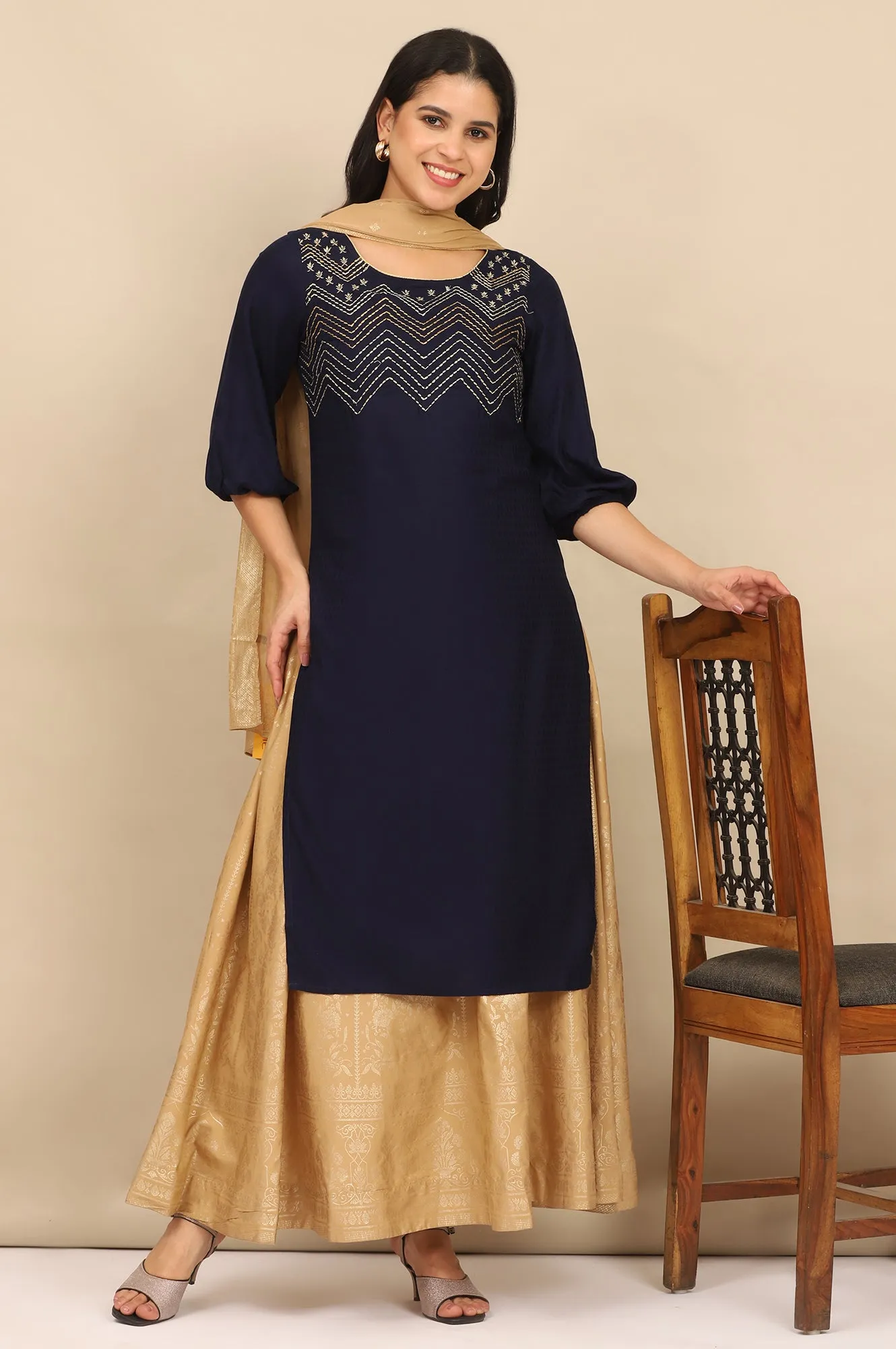 Blue Embroidered Textured Rayon Straight Kurta, Golden Printed Skirt and Dupatta Set