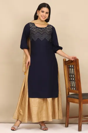 Blue Embroidered Textured Rayon Straight Kurta, Golden Printed Skirt and Dupatta Set