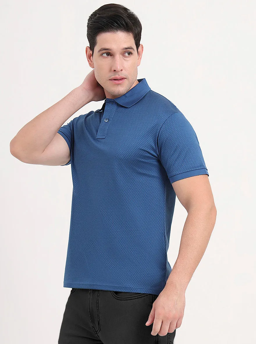 Blue Printed Regular Fit Polo T-Shirt | JadeBlue