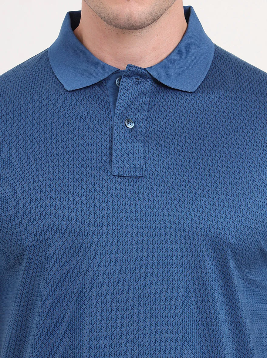 Blue Printed Regular Fit Polo T-Shirt | JadeBlue