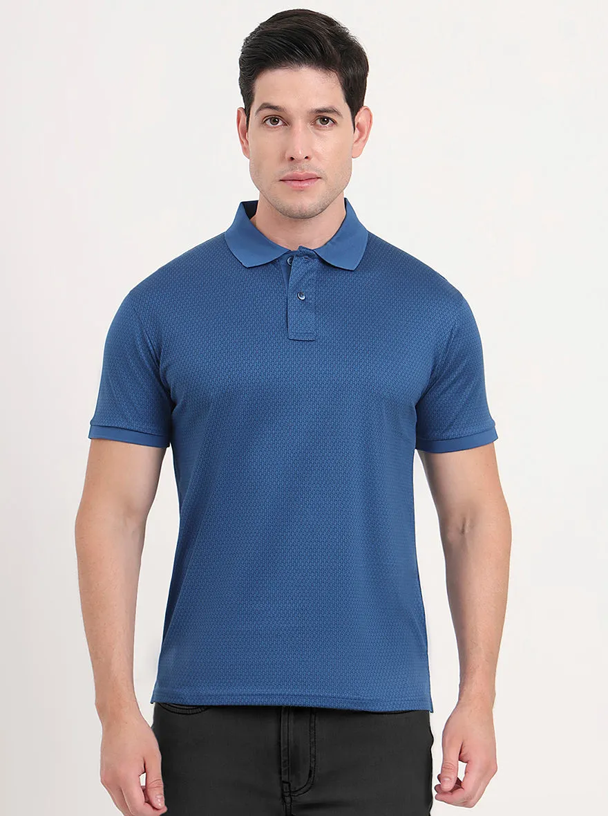 Blue Printed Regular Fit Polo T-Shirt | JadeBlue