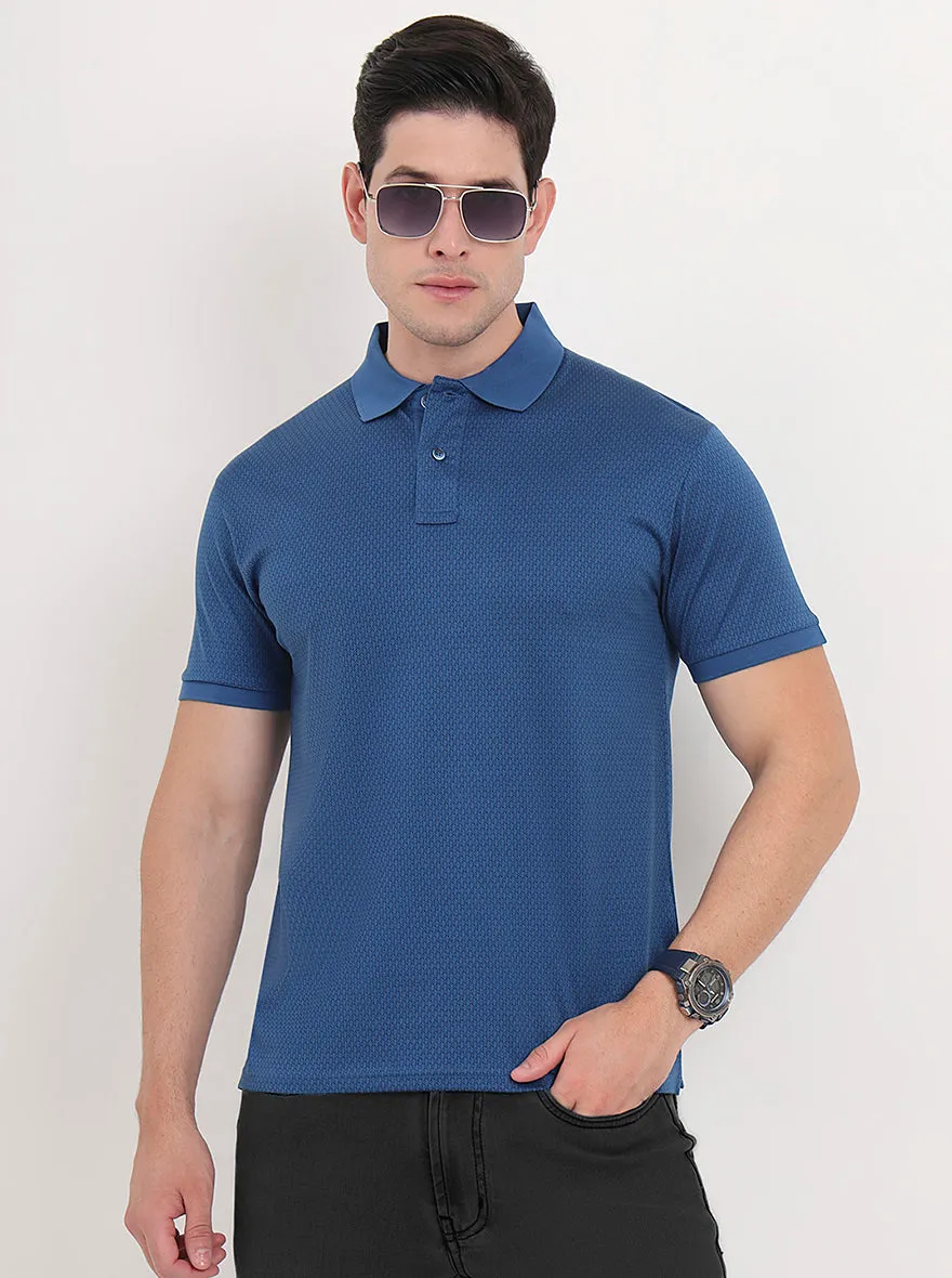 Blue Printed Regular Fit Polo T-Shirt | JadeBlue