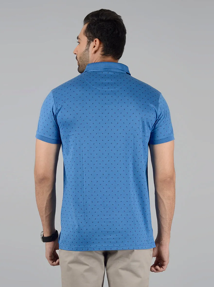 Blue Printed Slim Fit Polo T-Shirt | JadeBlue