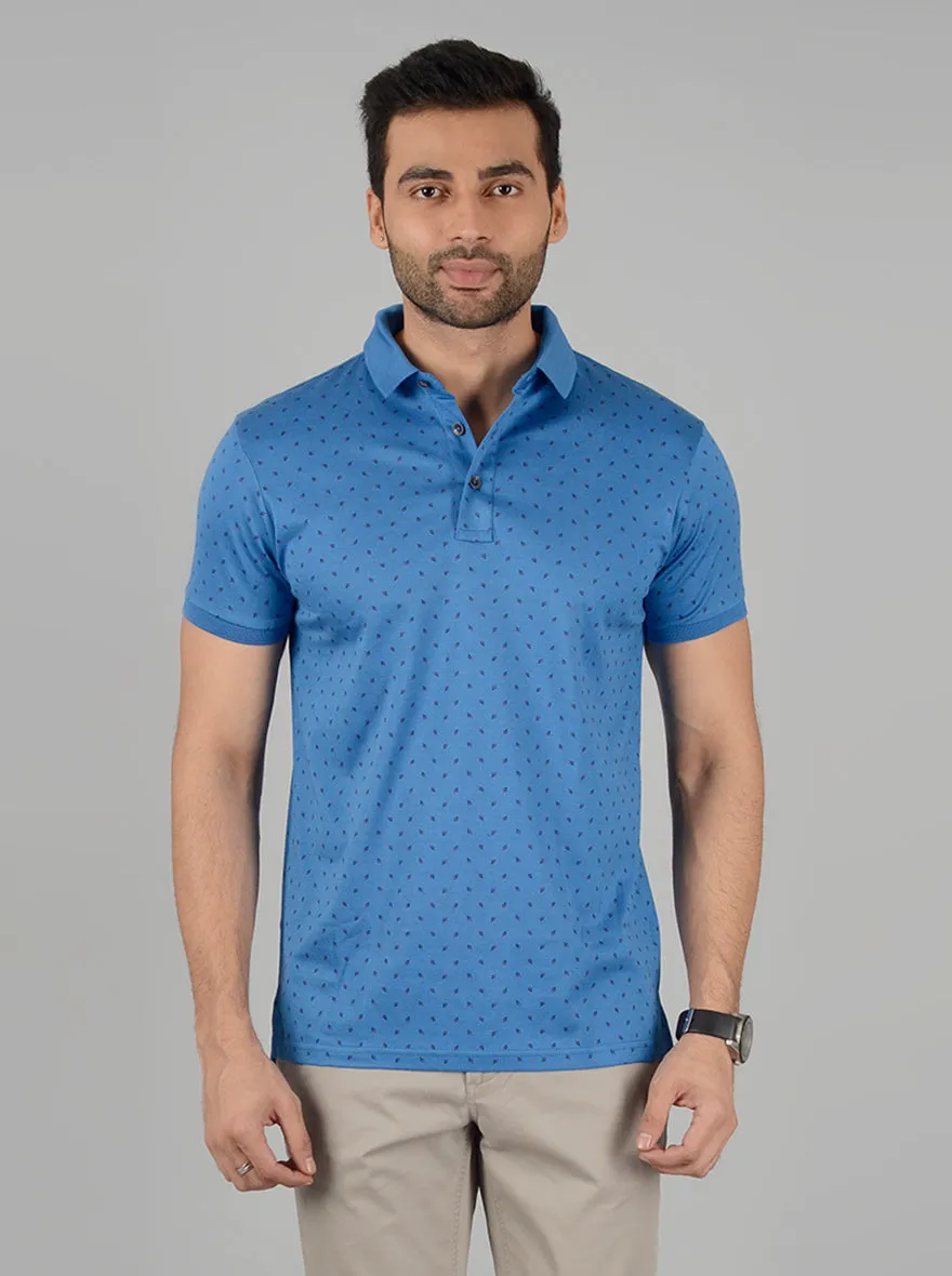 Blue Printed Slim Fit Polo T-Shirt | JadeBlue