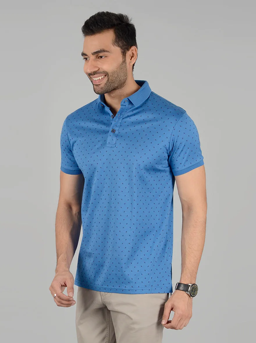 Blue Printed Slim Fit Polo T-Shirt | JadeBlue