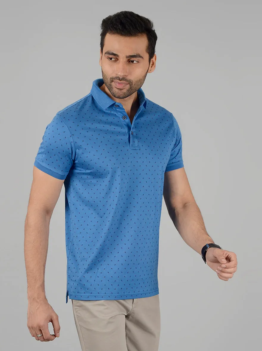 Blue Printed Slim Fit Polo T-Shirt | JadeBlue