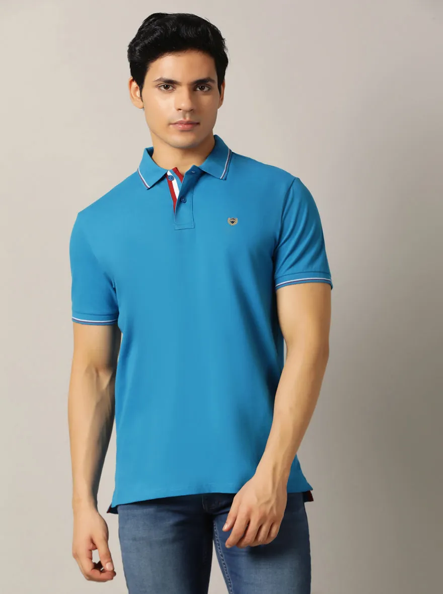 Blue Solid Slim Fit Polo T-Shirt | JadeBlue