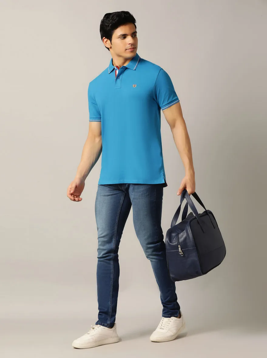 Blue Solid Slim Fit Polo T-Shirt | JadeBlue