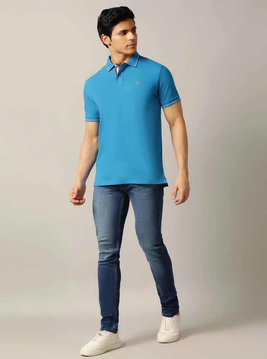 Blue Solid Slim Fit Polo T-Shirt | JadeBlue