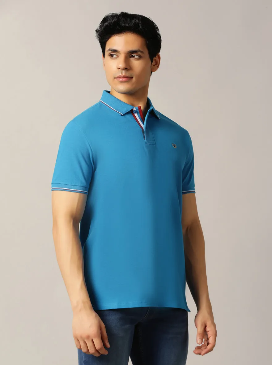 Blue Solid Slim Fit Polo T-Shirt | JadeBlue