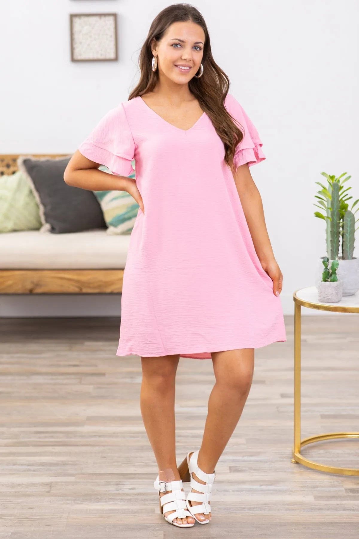 Blush Ruffle Tiered Sleeve V-Neck Dress
