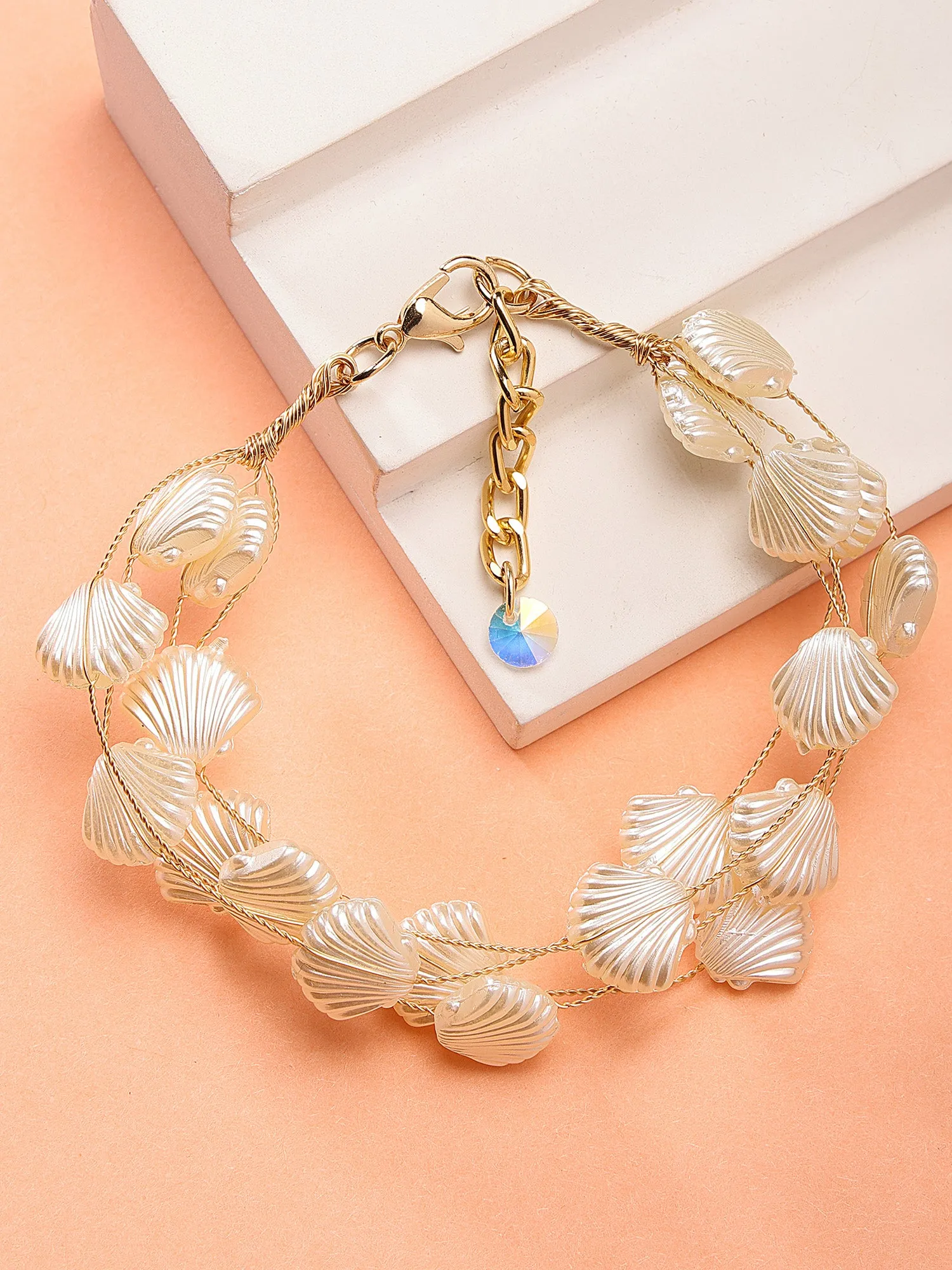 Bohey by KARATCART Gold Plated Multilayer Shell Design Baroque Pearl Chain Bracelet for Women