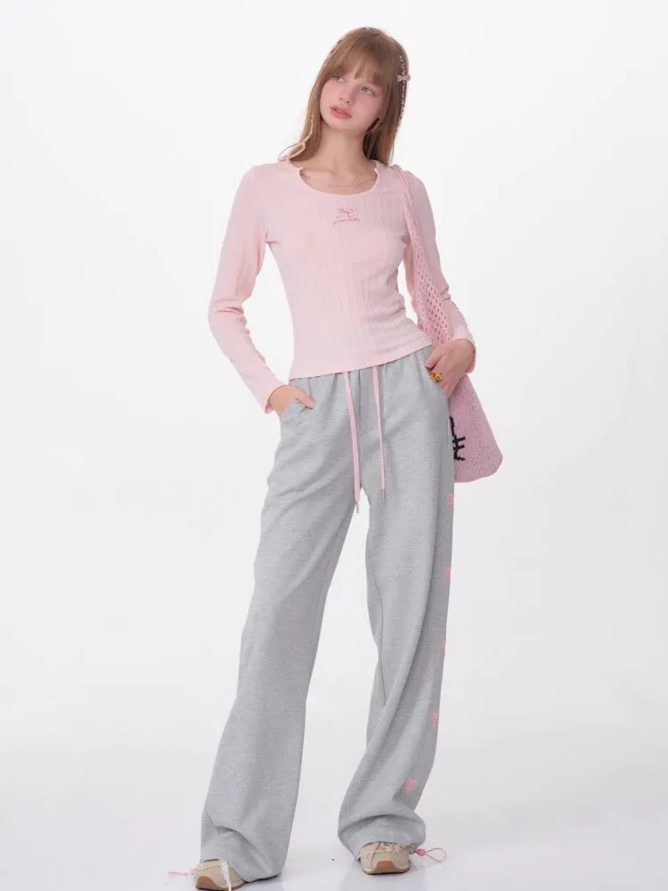 Bow Embroidery Chain Texture Knit Sweater
