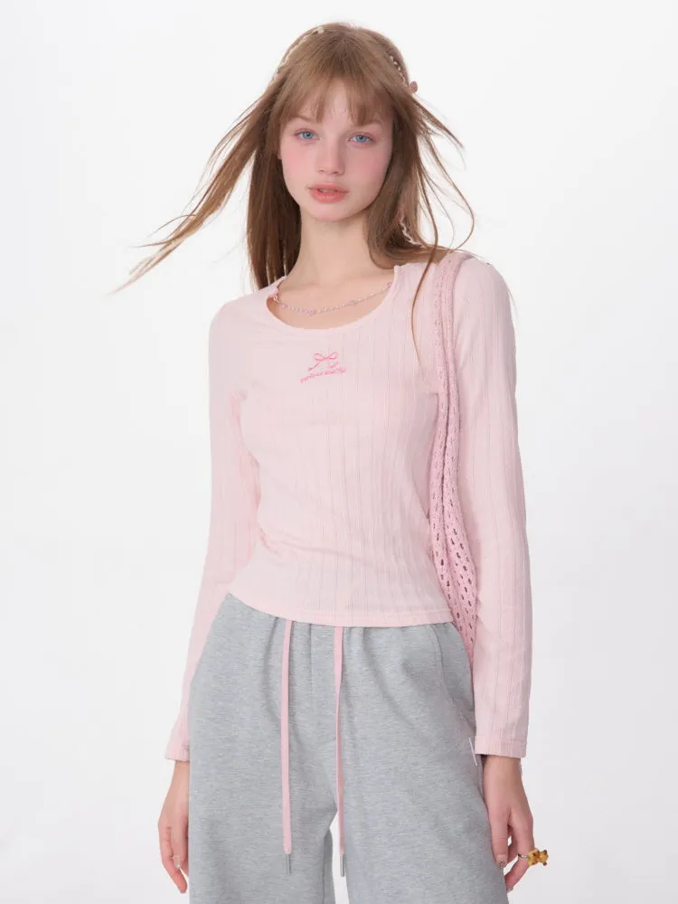 Bow Embroidery Chain Texture Knit Sweater